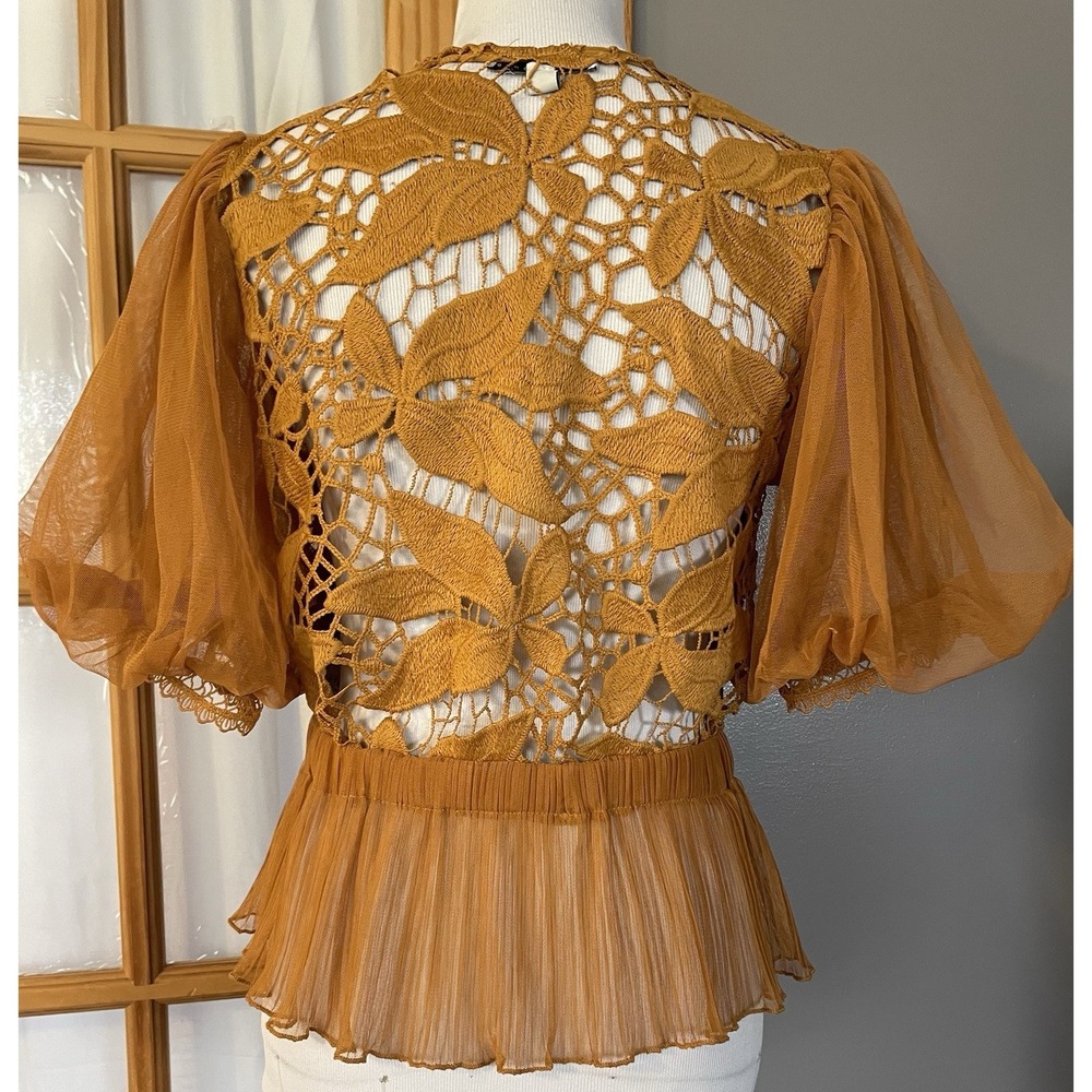 Haute Monde Floral Embroidery Peplum Blouse S Gold Lace Sheer Puff Sleeve Party - Picture 4 of 15